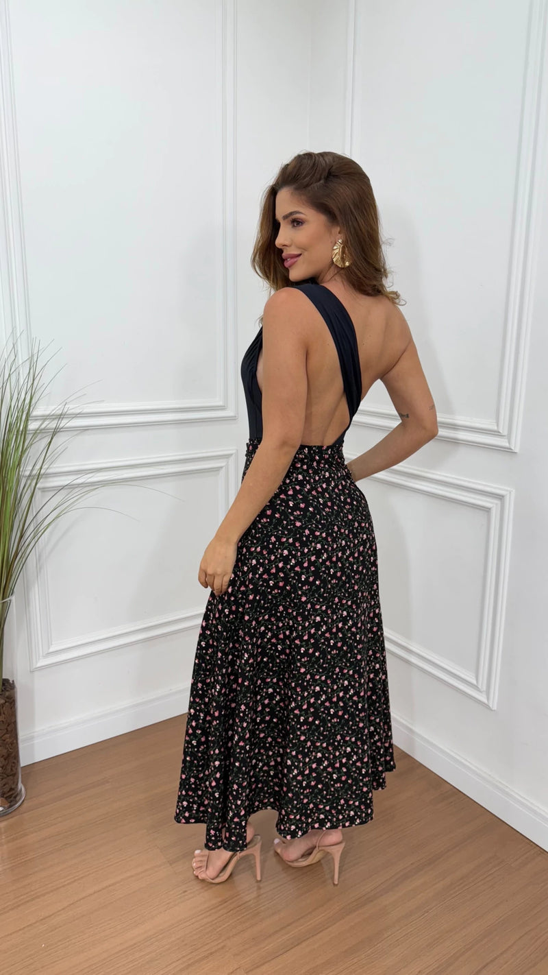 Saia Viscolinho Preta Floral